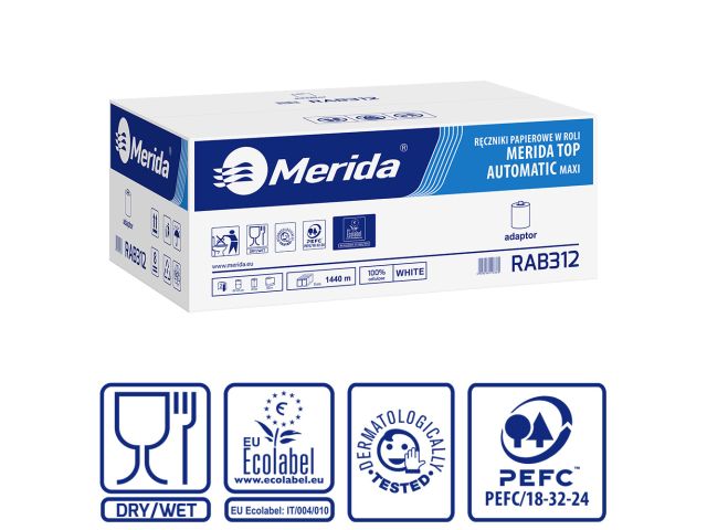 MERIDA TOP AUTOMATIC MAXI - paper towel in roll for maxi auto-cut dispenser, white, 2-ply, 100% cellulose, diameter 19.5 cm, 240 m (6 rolls / carton)